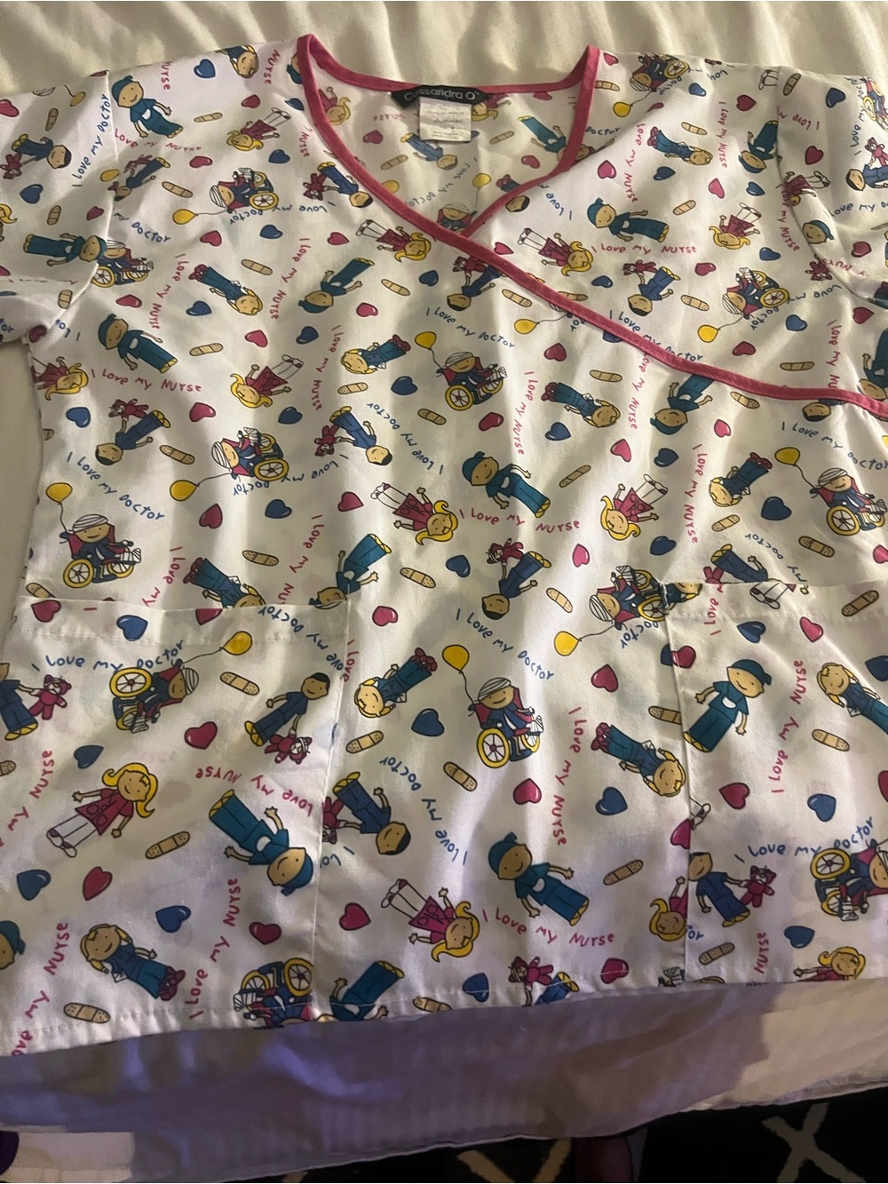 CareBay White Kids Medical-Themed Pajama Top with Pink Trim